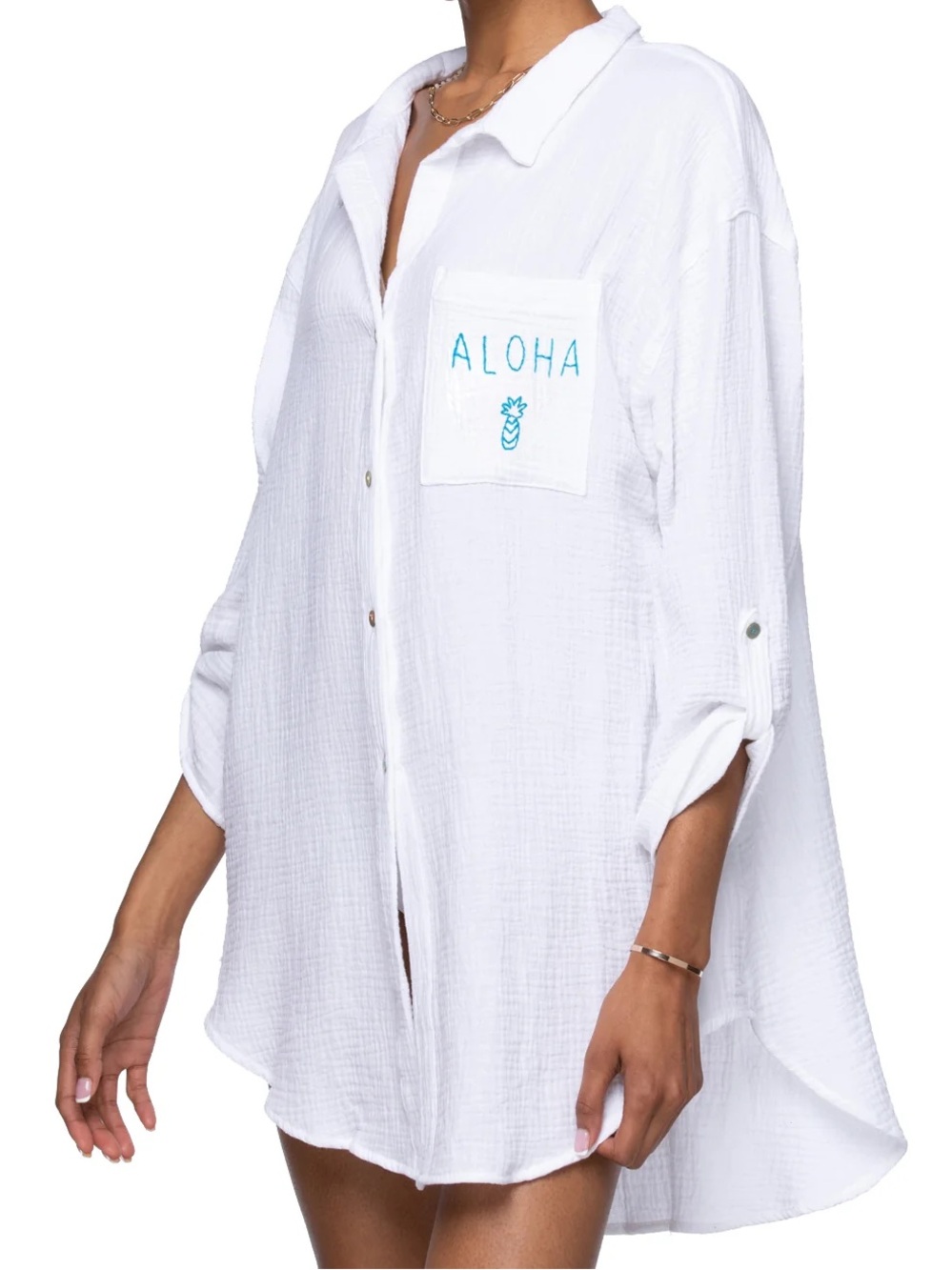 Men's White Cotton Gauze Button-Down Shirt with Aloha Chest Embroidery